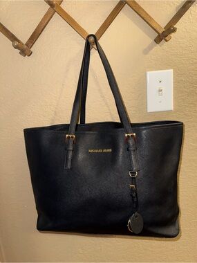 Michael Kors Navy Leather Tote with Gold Hardware
